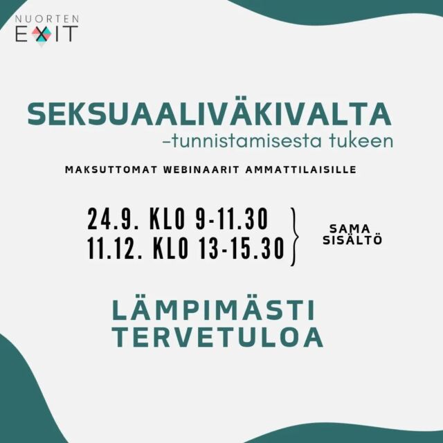 Ilmoittaudu mukaan ja nappaa talteen päivämäärät syksyn maksuttomiin webinaareihin! Ilmoittautuminen tapahtuu nettisivuiltamme sekä IG profiilistamme löytyvästä linkistä. 

Slaidaa DM tai laita meille sähköpostia (info@exitry.fi), jos tulee jotain kysyttävää, vastaamme mielellämme!

Lämpimästi tervetuloa! ❤️