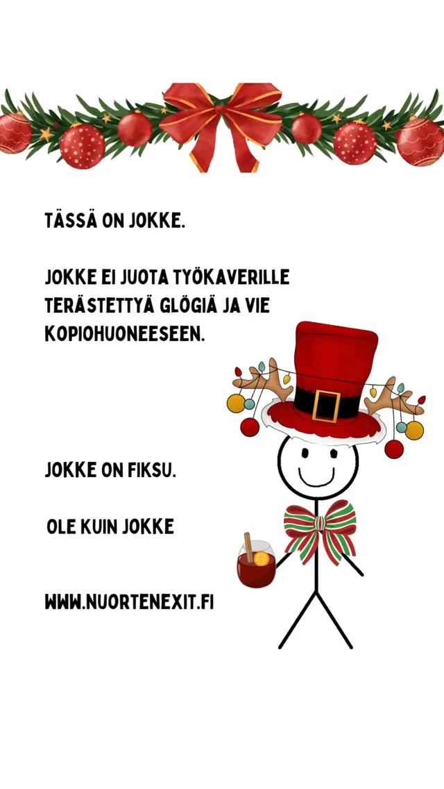 Toiseksi viimeisestä PIKKUjoulukalenterin luukusta astelee Jokke 🎄🕺

Jokke on ehkä joskus kuullut urbaanin legendan firman juhlista ja kopiohuoneesta. Joken mielestä tätä ei kannata lähteä testaamaan irl ja hän keskittyy pitämään tunnelman katossa hyväntuulisella muiden huomioimisella.

Jokka on fiksu. Ole kuin Jokke.

Tietoa ja tukea löydät osoitteesta www.nuortenexit.fi

 #joulu #pikkujoulut #joulukalenteri #nuortenexit #fyp