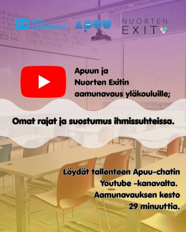 Tiistaina olimme mukana Apuu-chatin aamunavauksessa ja tallenne on vapaasti katsottavissa Apuu-chatin Youtube-kanavalla. Oppilaitosten lisäksi tallennetta voi hyödyntää esimerkiksi nuorisotaloilla, työpajoilla tai vaikka sijaishuoltoyksiköissä keskustelun avaajana ja tiedon lisäämisenä. Löydät linkin myös biomme Linktreestä!